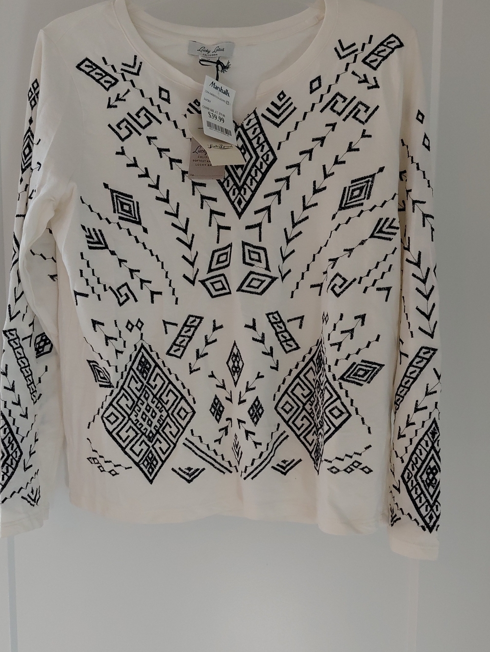 Cream And BLUE Long-Sleeve Top with Black Geometric Embroidery...NEW...Size M.